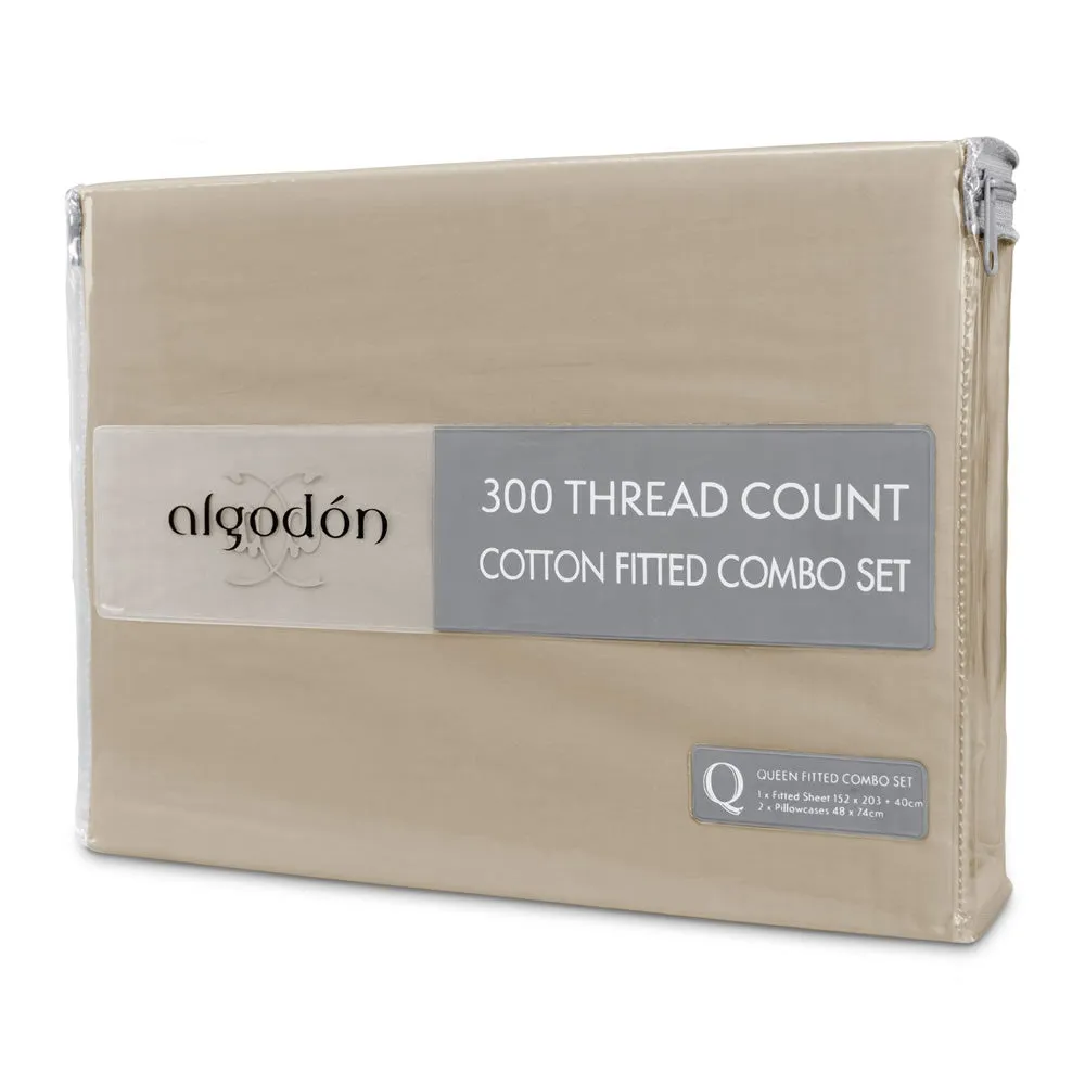 ALGODON "300TC Cotton" FITTED SHEET Combo Set - STONE