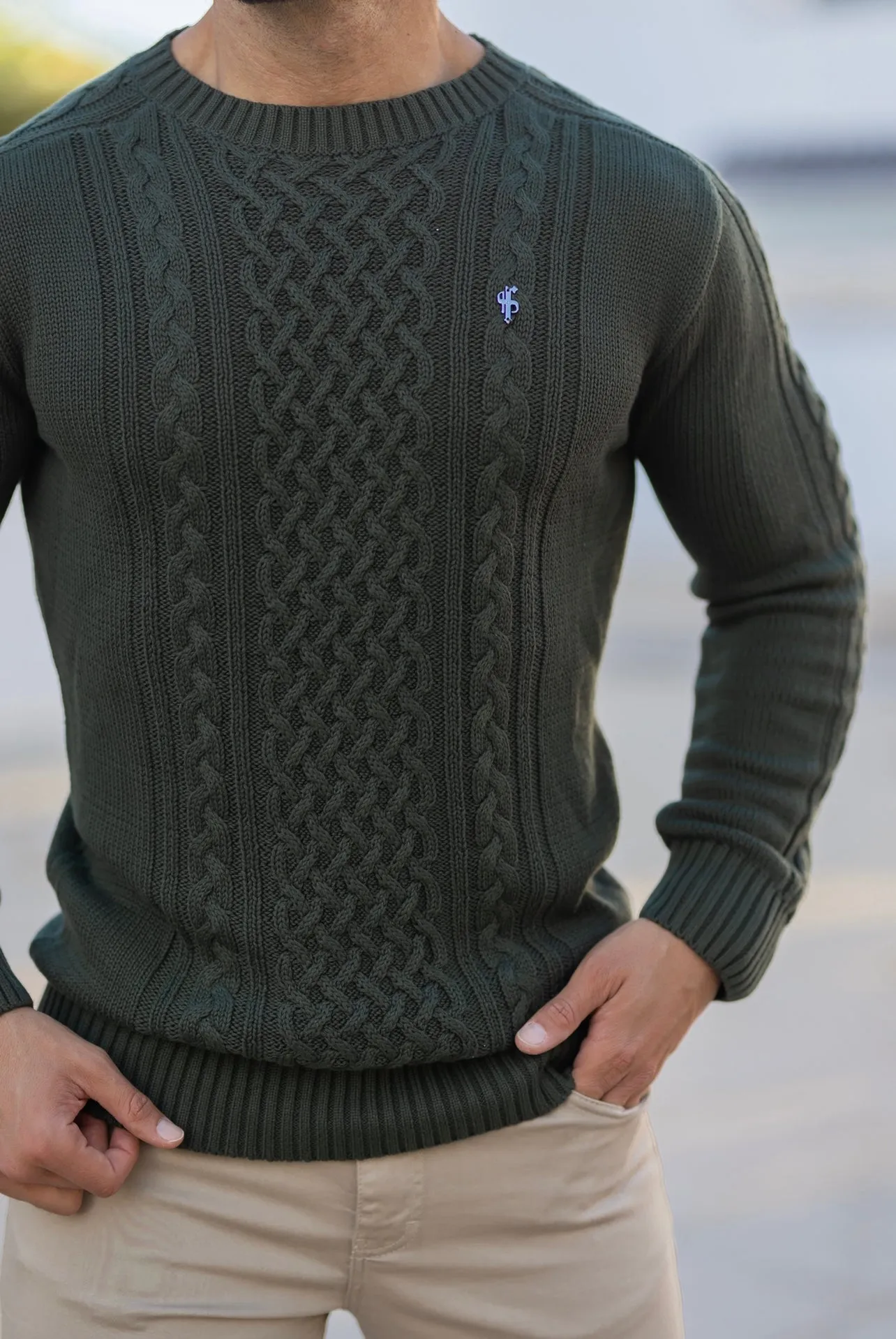 Father Sons Khaki Knitted Cable Saddle Crew Super Slim Jumper With Metal Decal - FSN078