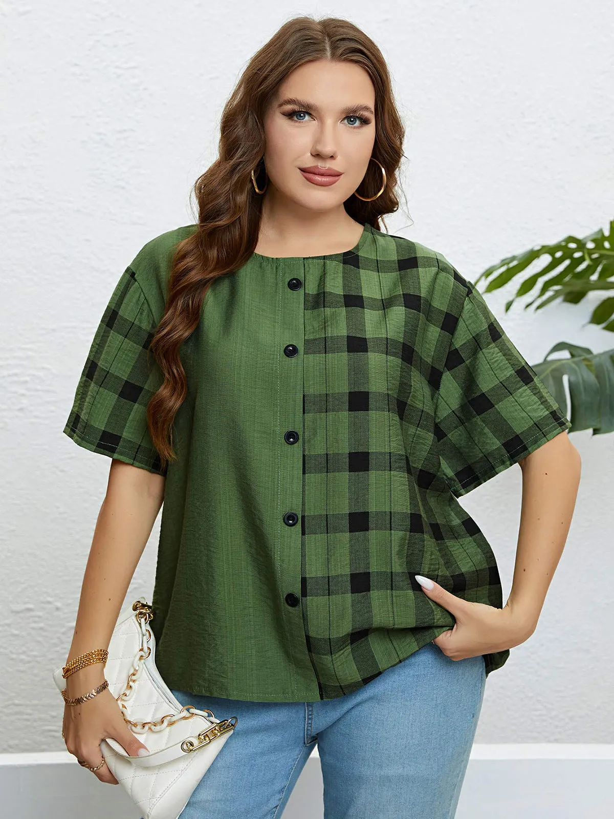 Green round Neck Plaid Loose Casual Top