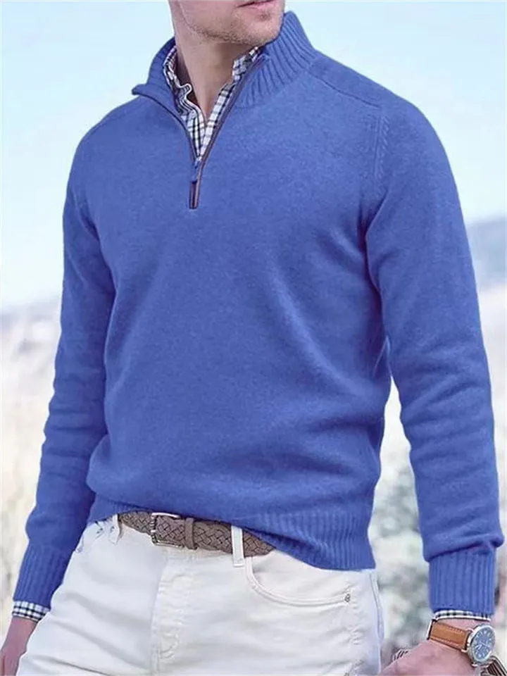 Men's Stand Collar Pullover Ribbed Hem Knitted Sweater