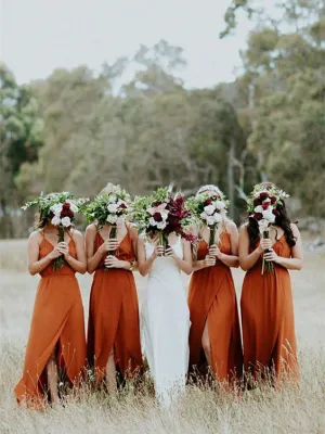 Spaghetti Straps V-neck Simple Long Bridesmaid Dresses With Split, BD1045
